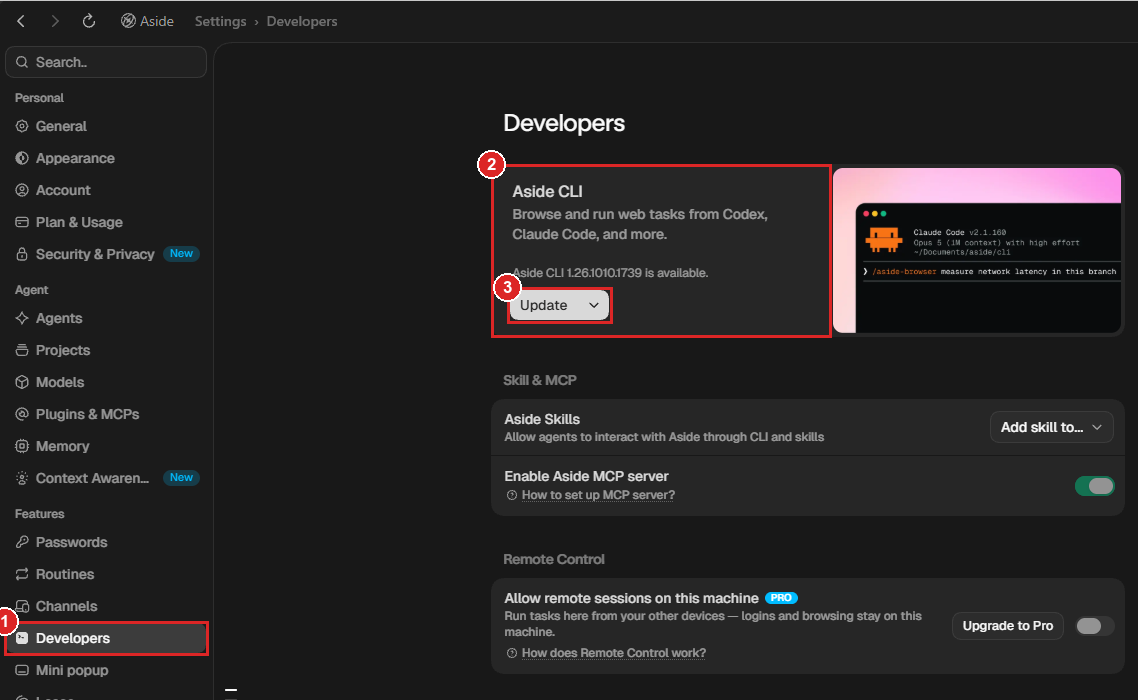 Aside 설정 Developers 화면의 Aside CLI 칸