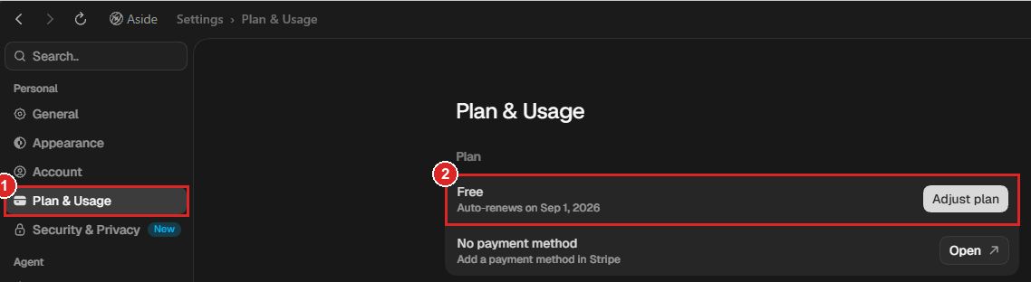 Aside 설정 Plan and Usage 화면 Free